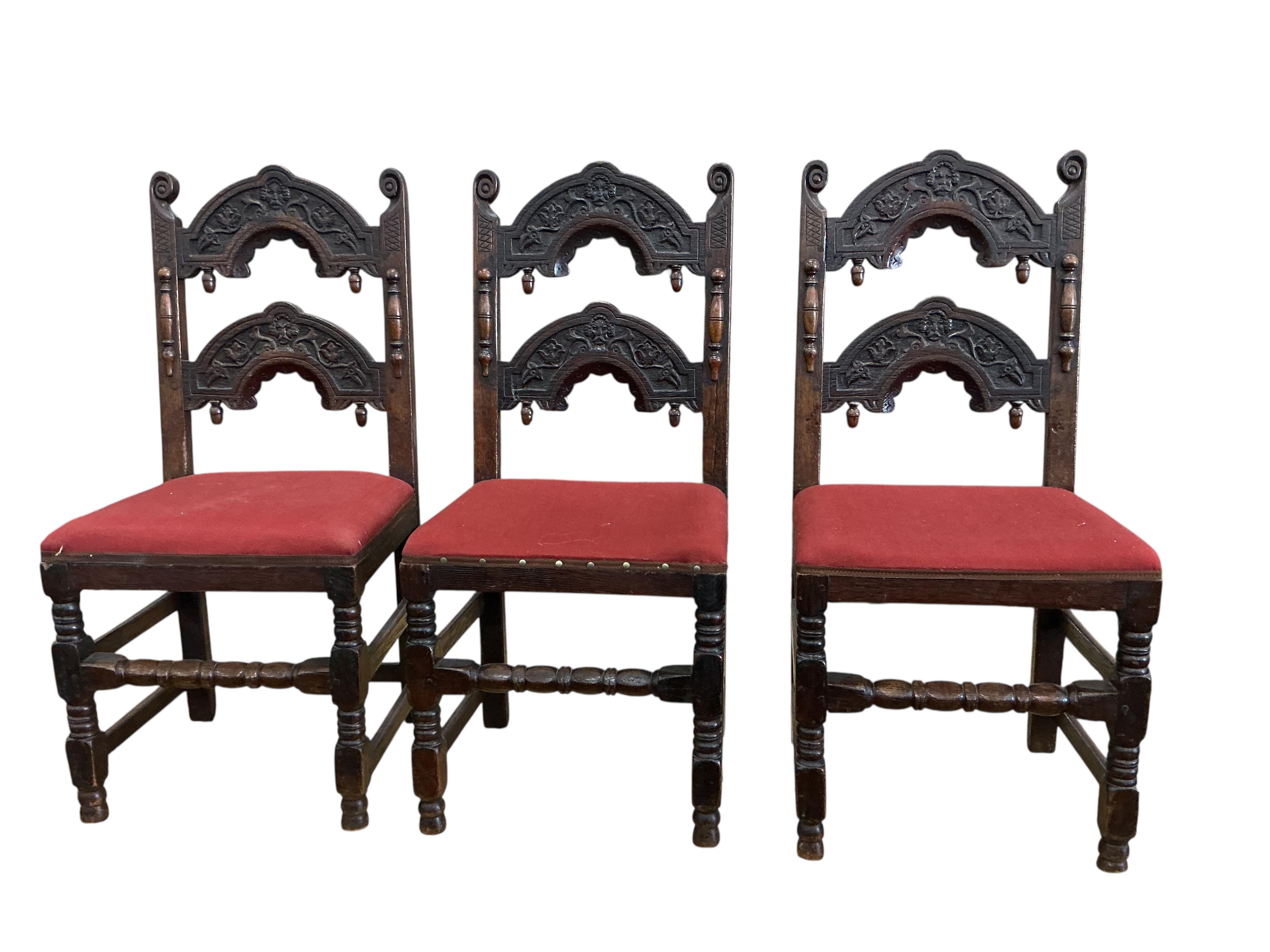A set of six 18th century style Derbyshire type oak dining chairs, width 47cm, height 99cm